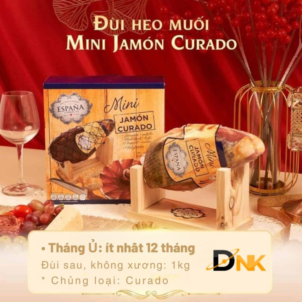 Đùi heo muối Espana Mini Jamon Curado Tây Ban Nha 1kg - Hương vị đặc trưng, set hoàn hảo gồm giá đỡ và dao cắt cho tiệc tùng.