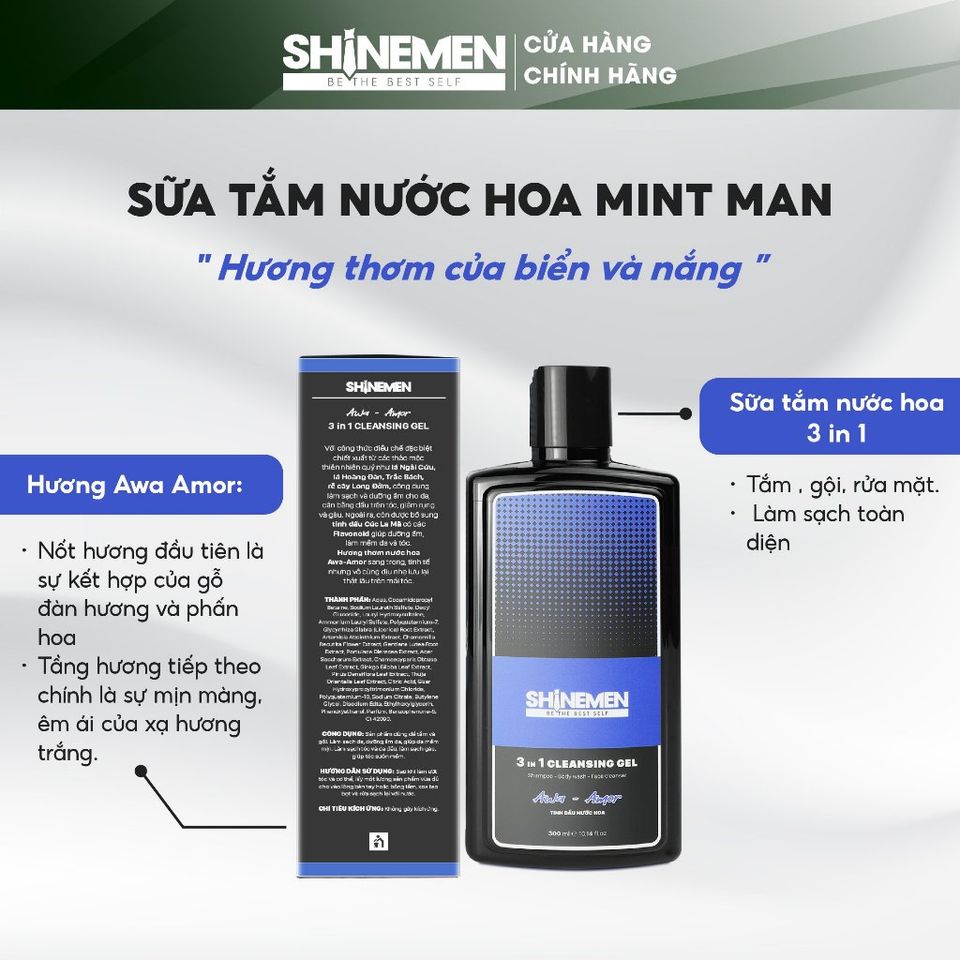 Sữa Tắm Gội Nam 3 in 1 SHINEMEN - Rửa Mặt Phục Hồi Hư Tổn Hương Nước Hoa AWA-AMOR 300ml - Chăm Sóc Tóc và Da TỪ Thiên Nhiên