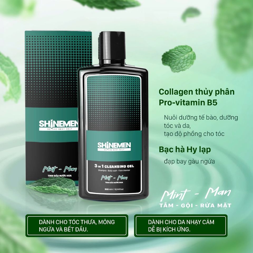 Combo Sữa tắm gội Rửa mặt 3 in 1 SHINEMEN cho nam hương MINT-MAN 300ml & Travel size 50ml - Sản phẩm chăm sóc cơ thể nam giới