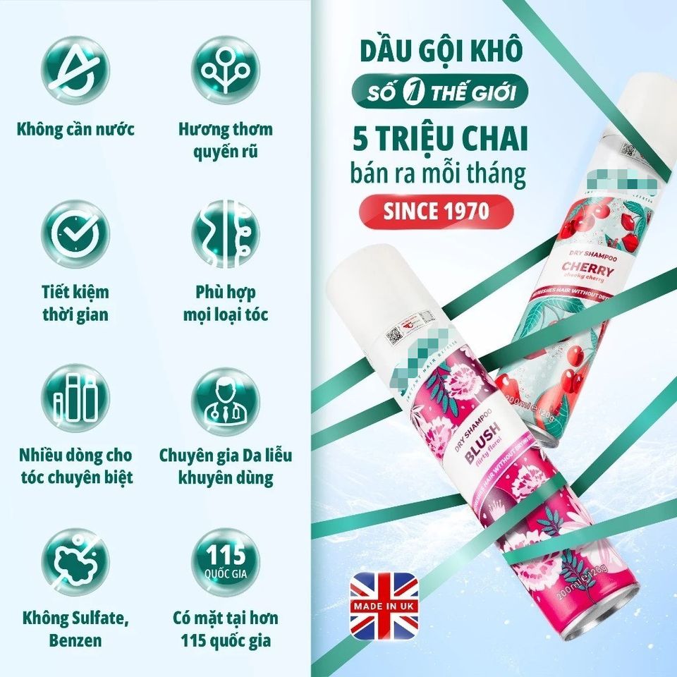Dầu Gội Khô Batiste 200ml - Giải Pháp Tóc Bồng Bềnh, Không Ngứa, Không Bết Dính, Hương Thơm Dễ Chịu, Thích Hợp Mọi Loại Tóc