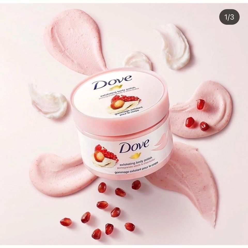 Kem Tẩy Tế Bào Chết Dove 225ml - Dưỡng Ẩm, Làm Sáng Da Toàn Thân, Chiết Xuất Hạt Macca và Lựu, Giúp Da Mịn Màng