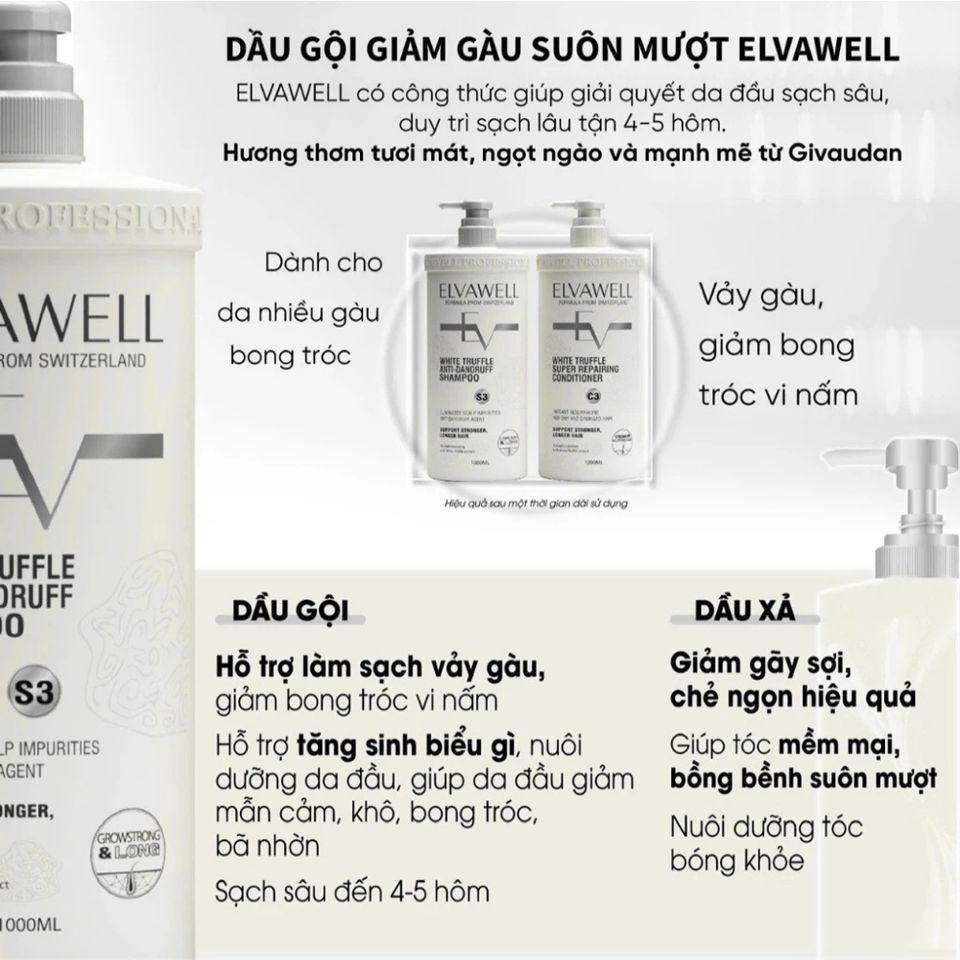 Bộ Dầu Gội Xả Nấm Truffle Elvawell 1000ml - Phục Hồi Tóc Hư Tổn, Giảm Gàu, Kiểm Soát Dầu Bết, Dưỡng Mềm Mượt