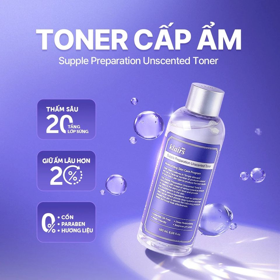 Nước Hoa Hồng Dear, Klairs Toner Không Mùi 180ml - Cân Bằng pH, Dưỡng Ẩm Sâu, Phù Hợp Da Nhạy Cảm