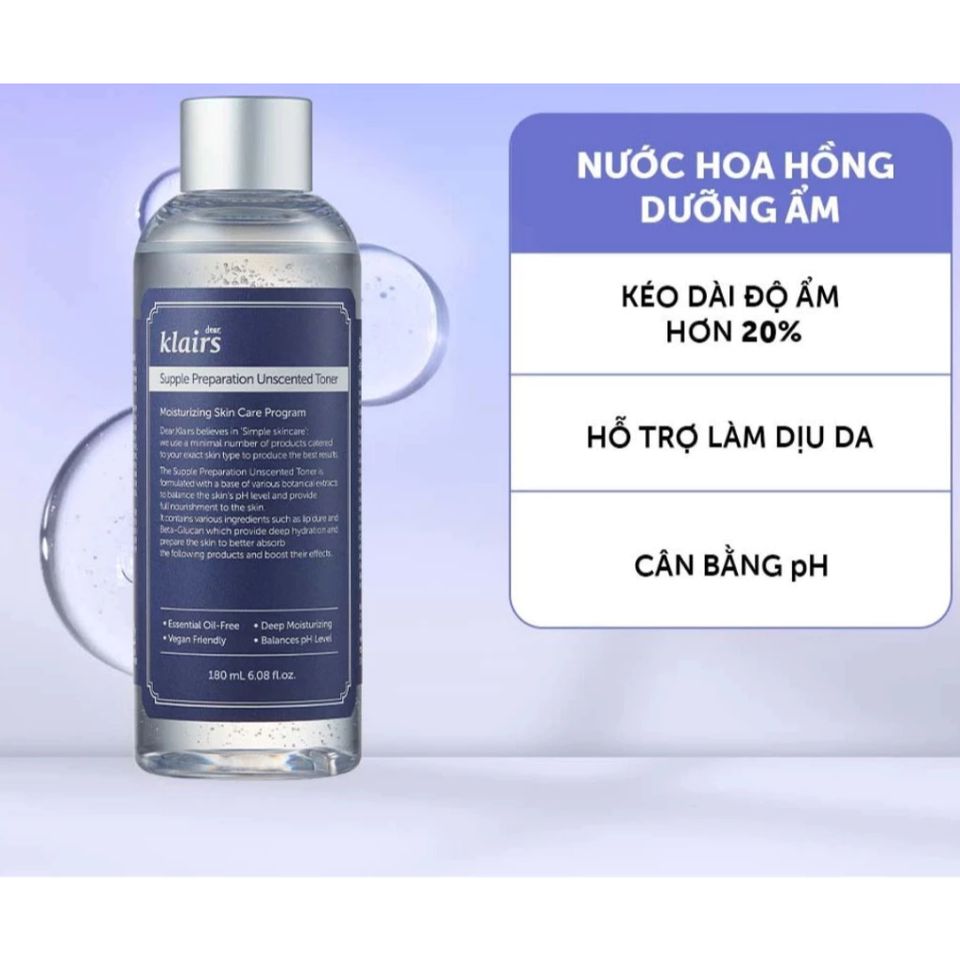 Nước Hoa Hồng Dear, Klairs Toner Không Mùi 180ml - Cân Bằng pH, Dưỡng Ẩm Sâu, Phù Hợp Da Nhạy Cảm