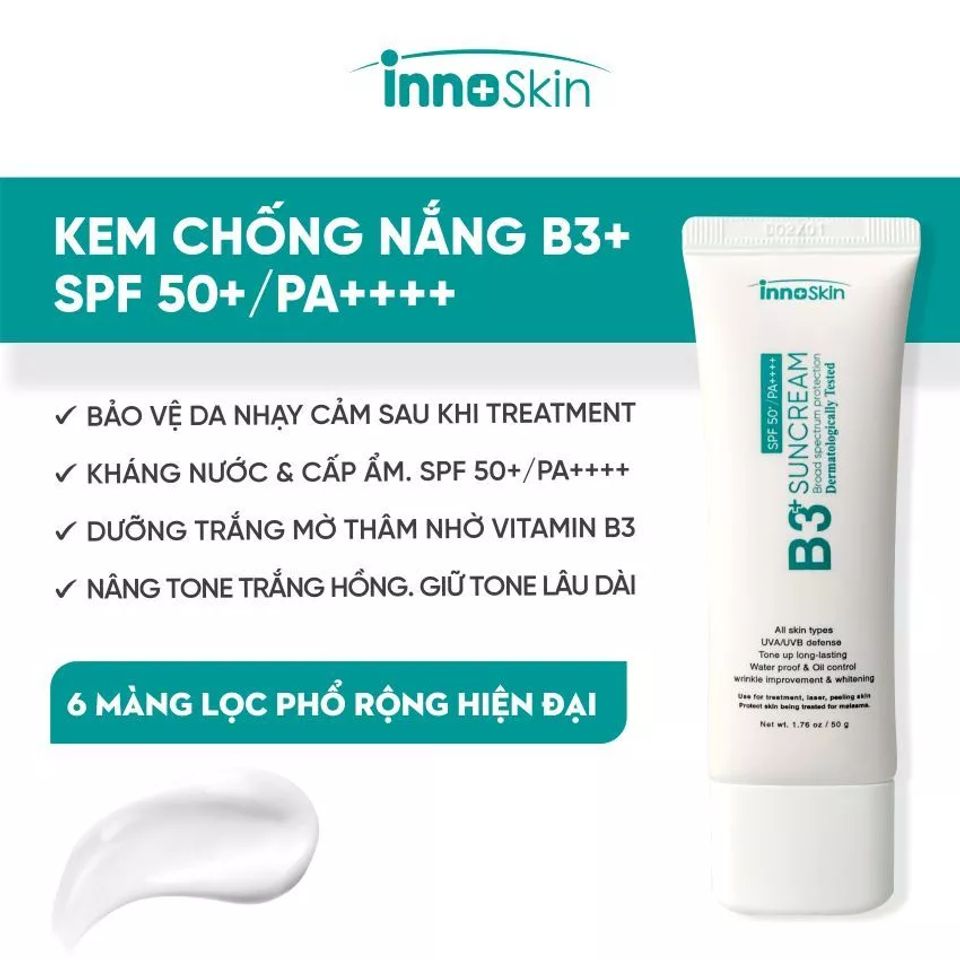 Kem Chống Nắng Innoskin B3+ Nano SPF50+ PA++++ 50ml - Nâng Tone Da, Kiềm Dầu, Chống Nắng Tối Ưu, Phù Hợp Da Dầu Hỗn Hợp