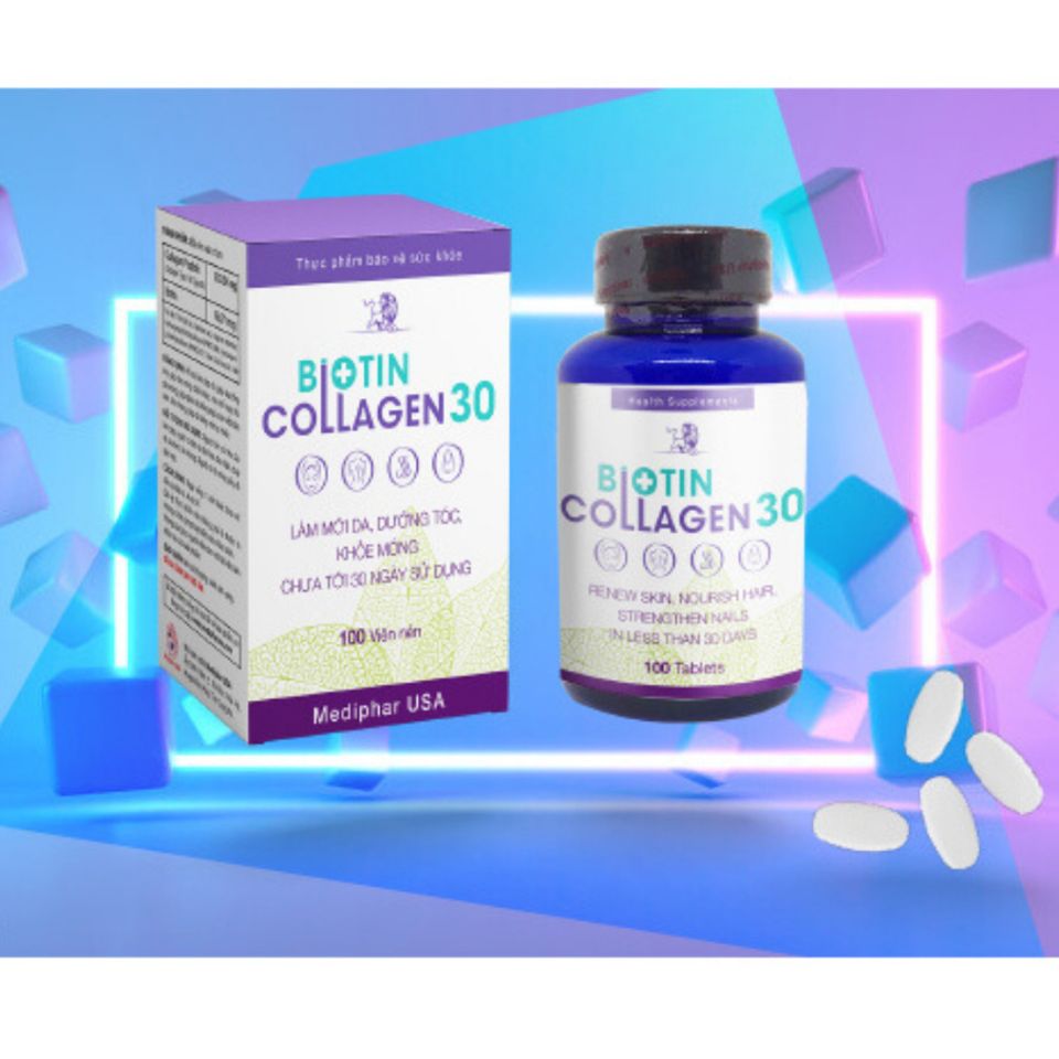 Viên Uống Biotin Collagen 30 - Hỗ Trợ Làm Đẹp Da, Tóc, Móng Chắc Khỏe, Giảm Thâm Nám, 100 Viên Mediphar USA