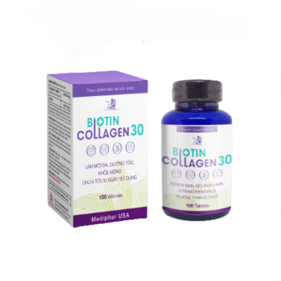 Viên Uống Biotin Collagen 30 - Hỗ Trợ Làm Đẹp Da, Tóc, Móng Chắc Khỏe, Giảm Thâm Nám, 100 Viên Mediphar USA