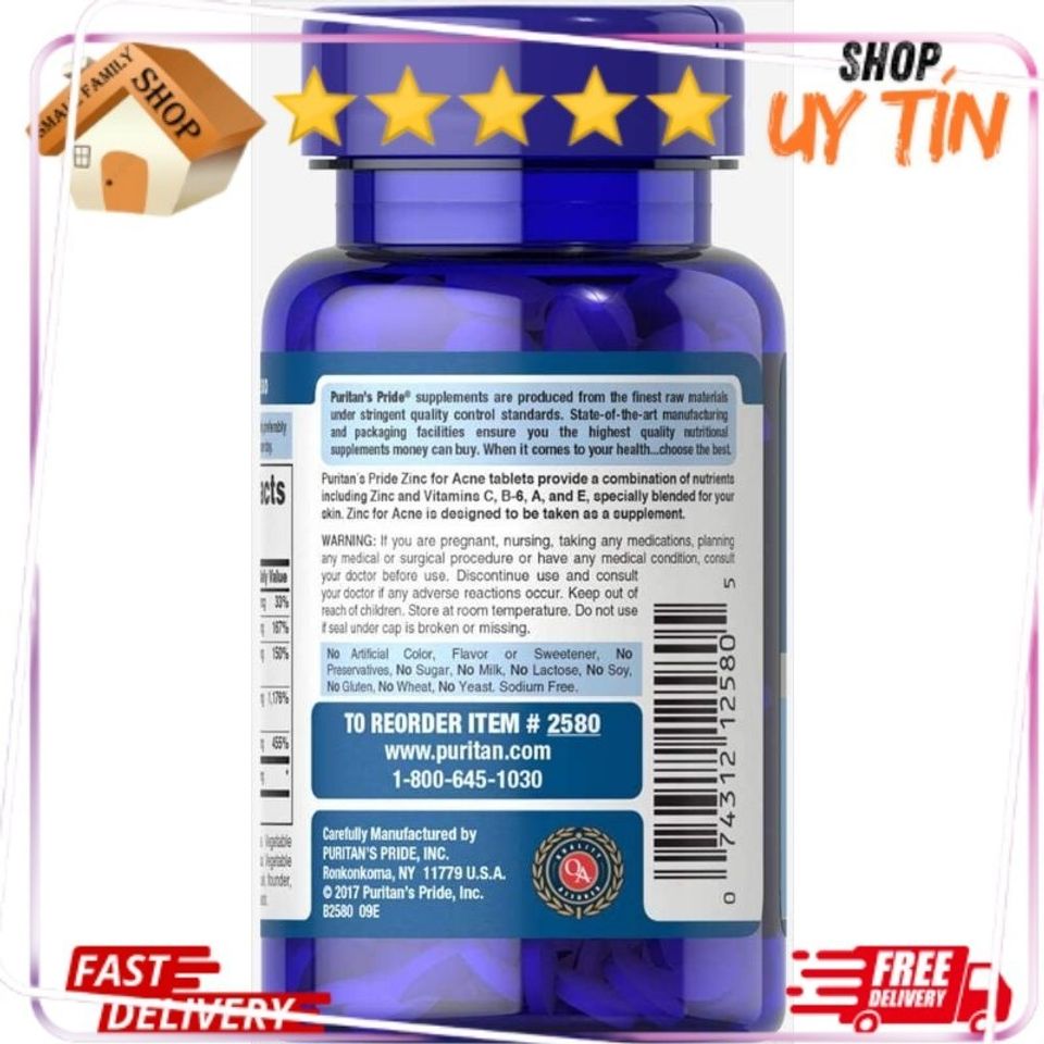 Viên Uống Bổ Sung Kẽm Giảm Mụn Zinc For Acne Puritan's Pride 100v - Hỗ Trợ Làm Đẹp Da và Cải Thiện Tình Trạng Mụn