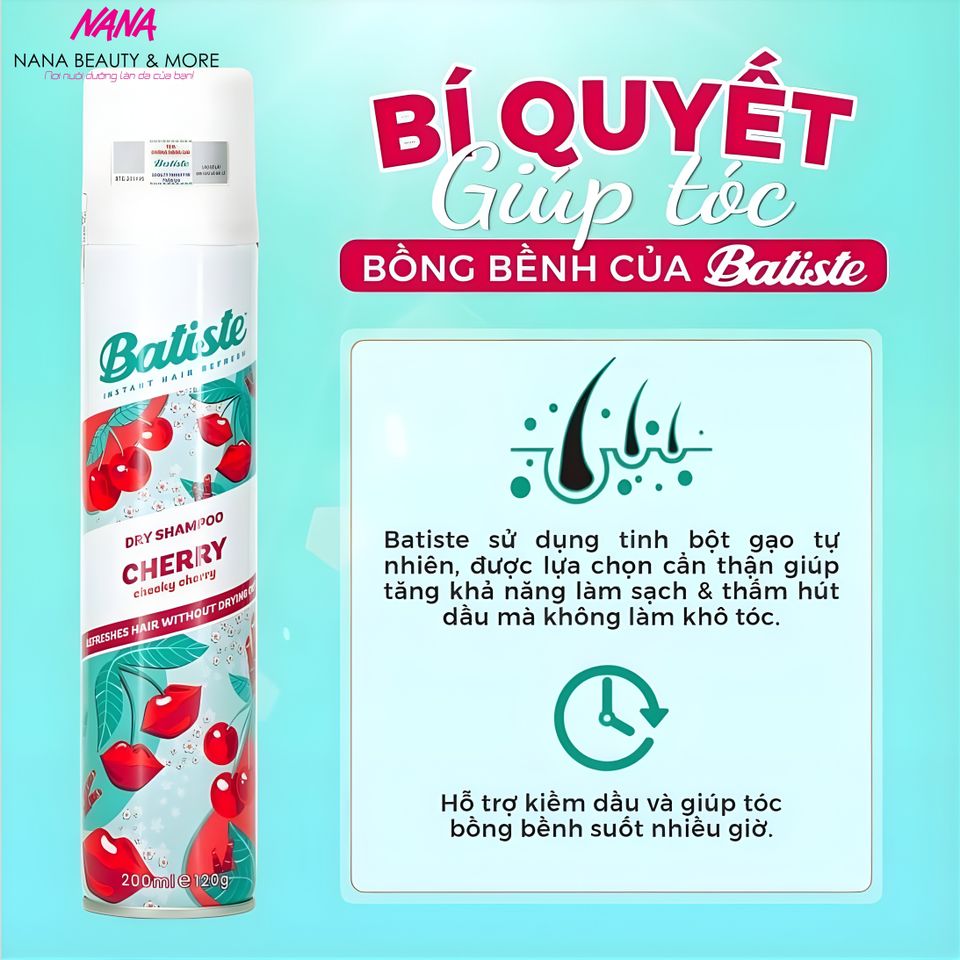 Dầu Gội Khô Batiste 200ML - Phục Hồi Tóc Khô, Phồng Tóc, Cấp Ẩm, Hương Thơm Tự Nhiên - Made in UK