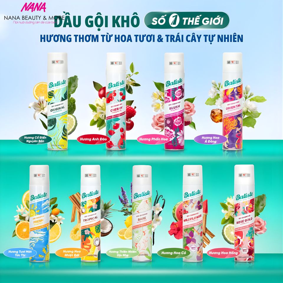 Dầu Gội Khô Batiste 200ML - Phục Hồi Tóc Khô, Phồng Tóc, Cấp Ẩm, Hương Thơm Tự Nhiên - Made in UK