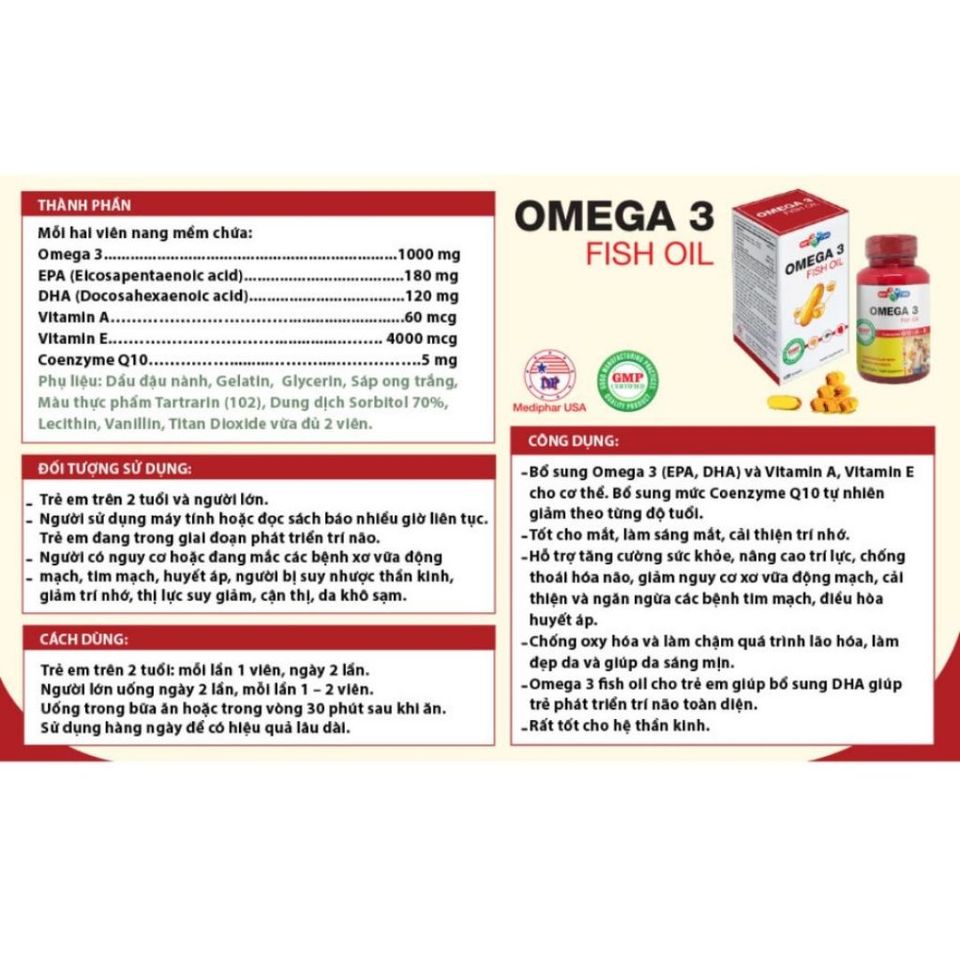 Viên Uống Omega 3 Dầu Cá - Hỗ Trợ Sức Khỏe Não Bộ, Da, Mắt - Lọ 60 Viên Nang Mềm Coenzyme Q10 Bổ Sung Omega 3 EPA DHA