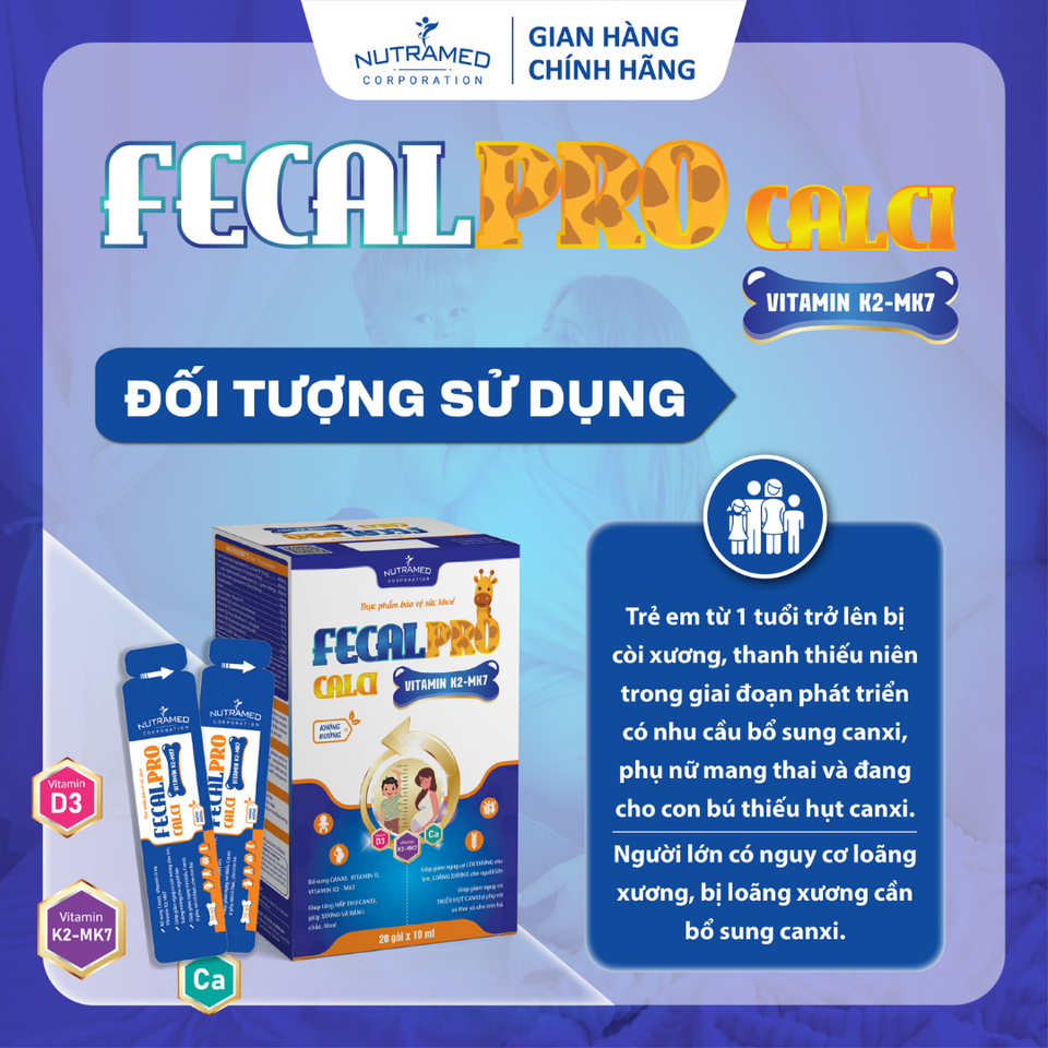 Fecalpro Calci Vitamin K2 - MK7 hỗ trợ giúp xương chắc khỏe, cải thiện còi xương (20 gói)