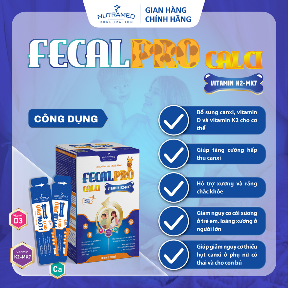Fecalpro Calci Vitamin K2 - MK7 hỗ trợ giúp xương chắc khỏe, cải thiện còi xương (20 gói)