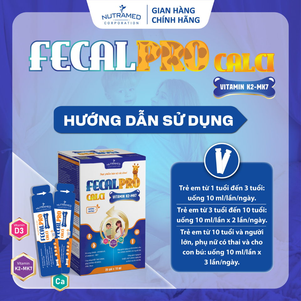 Fecalpro Calci Vitamin K2 - MK7 hỗ trợ giúp xương chắc khỏe, cải thiện còi xương (20 gói)