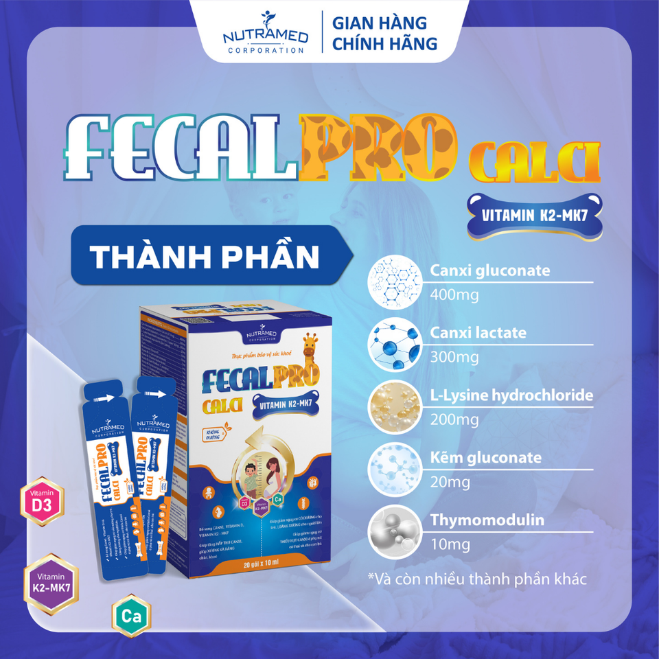 Fecalpro Calci Vitamin K2 - MK7 hỗ trợ giúp xương chắc khỏe, cải thiện còi xương (20 gói)