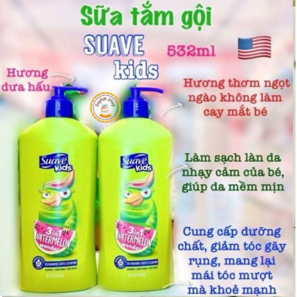 Sữa Tắm Gội 3in1 Suave Kids 532ml - Sản Phẩm Dịu Nhẹ Cho Da Nhạy Cảm, Hương Trái Cây Tươi Mát, An Toàn Cho Bé