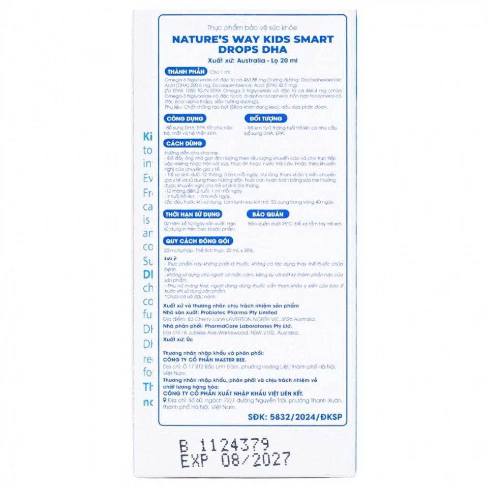 Nature's Way Kids Smart Drops DHA 20ml - Bổ sung DHA, EPA cho sự phát triển trí não và thị lực trẻ nhỏ