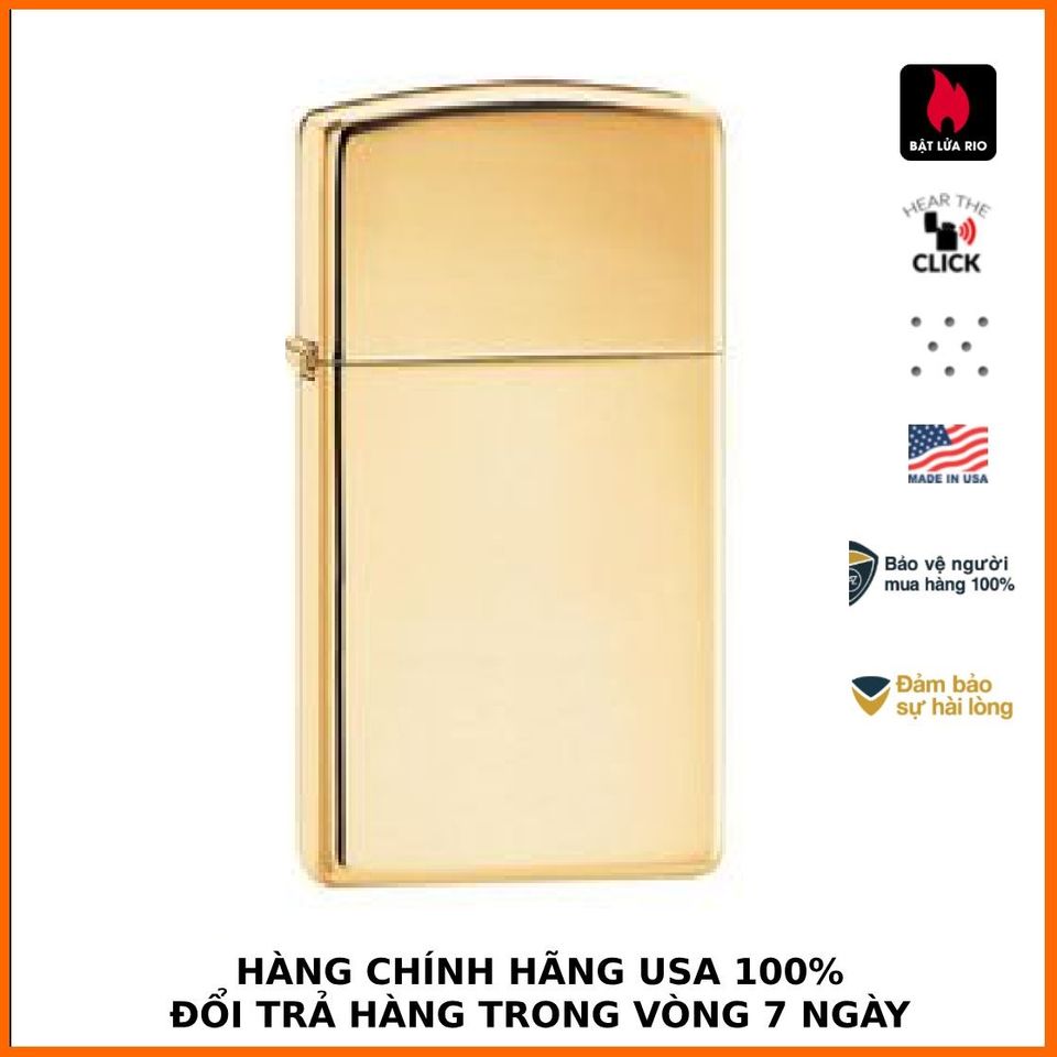 Bật Lửa Zippo Slim Đồng Vàng 1654B - Bật Lửa Chống Gió Nhỏ Gọn, Sang Trọng, Quà Tặng Hoàn Hảo