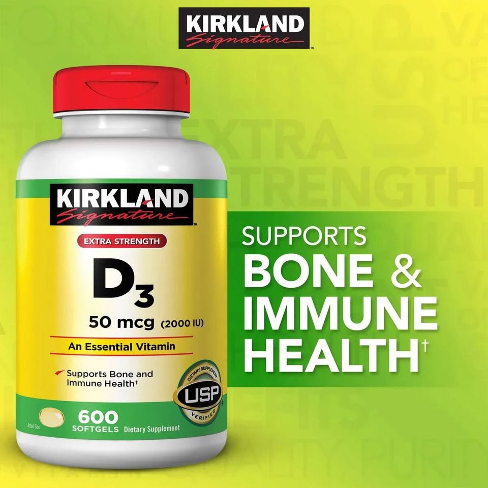 Viên uống Kirkland Vitamin D3 50mcg 600 viên – Tăng cường sức khỏe xương và răng, hỗ trợ hấp thụ canxi hiệu quả