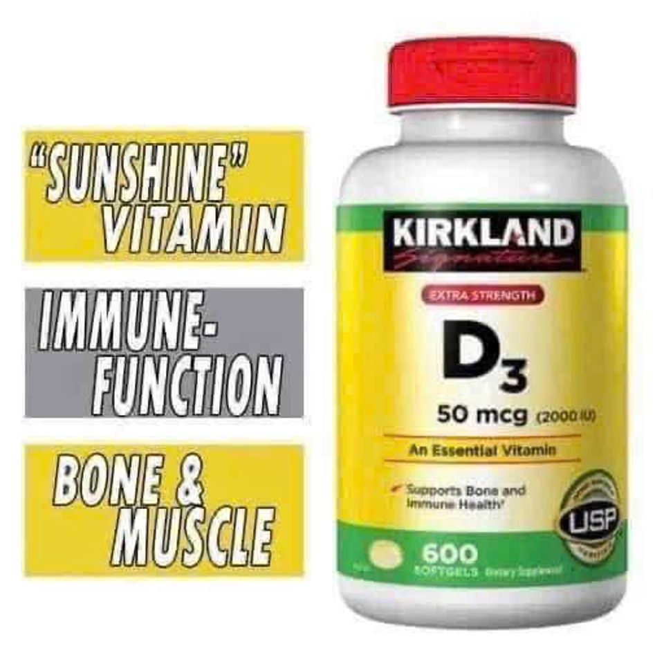 Viên uống Kirkland Vitamin D3 50mcg 600 viên – Tăng cường sức khỏe xương và răng, hỗ trợ hấp thụ canxi hiệu quả