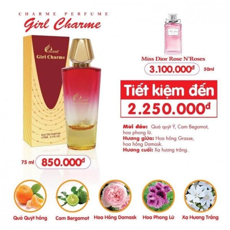 Nước Hoa Nữ Charme Girl Charme 75ml - Hương Hoa Hồng Grasse Sang Trọng Dành Cho Phái Đẹp, Lưu Hương Lâu, Quà Tặng Dành Riêng Cho Nàng