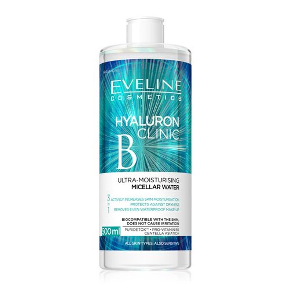 Nước Tẩy Trang Eveline Hyaluronic Clinic B5 500ml - Dưỡng ẩm, Ngăn ngừa Mụn và Lão Hóa Da, Cho Da Mềm Mại, Dịu Nhẹ