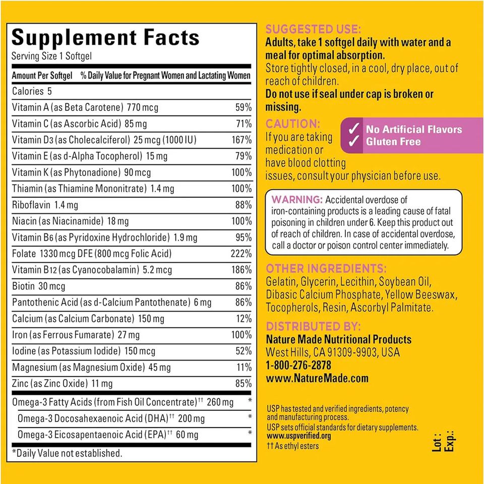 Viên Uống Bổ Bầu Prenatal Folic Acid + DHA 150 Viên - Vitamin Dinh Dưỡng Cho Mẹ Mang Thai Hỗ Trợ Phát Triển Thai Nhi Từ Nature Made