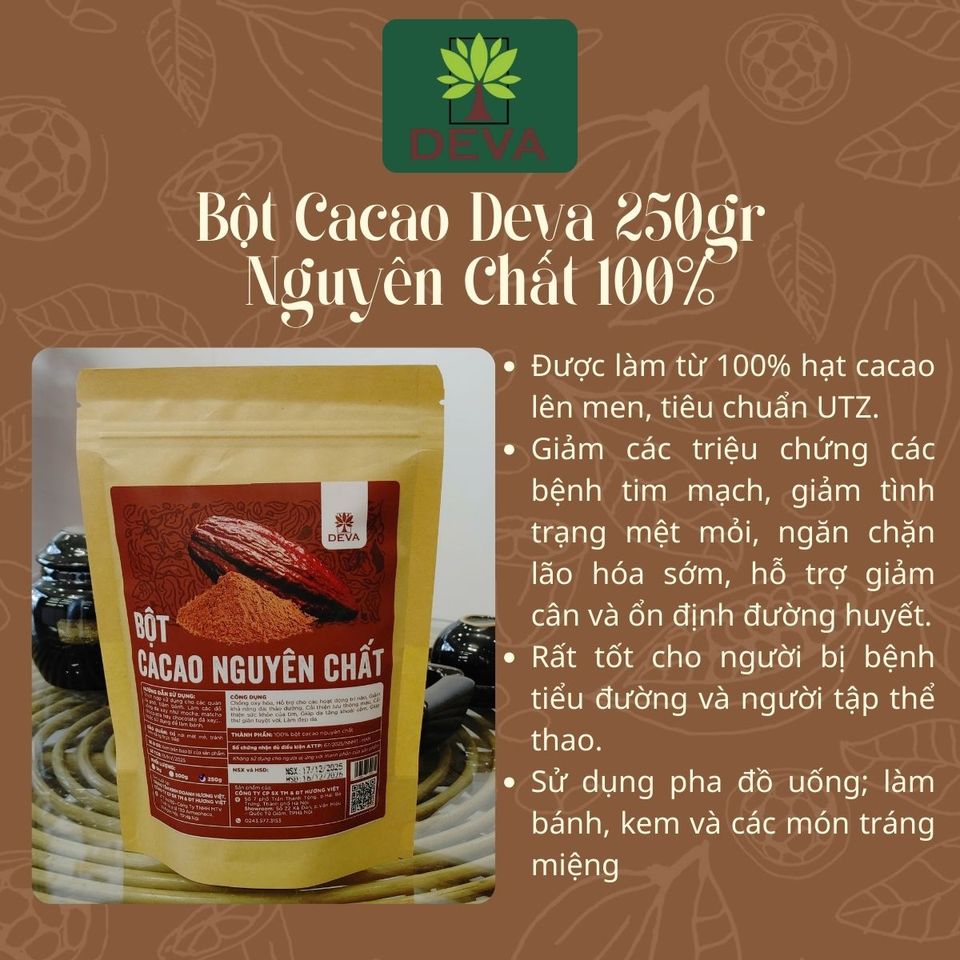Bột Cacao Nguyên Chất 100% Deva Food 250g - Thực Phẩm Ăn Kiêng, Dành Cho Chay, Keto, Hương Vị Socola Tự Nhiên, Hỗ Trợ Giảm Cân