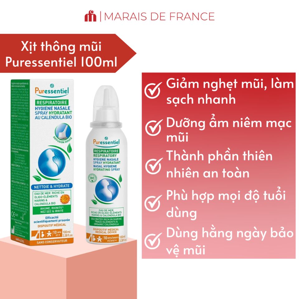 Xịt Rửa Mũi Puressentiel 100ml - Thảo Dược Pháp, Làm Sạch & Dưỡng Ẩm, Giảm Nghẹt Mũi, Ngăn Ngừa Viêm Xoang, Dị Ứng