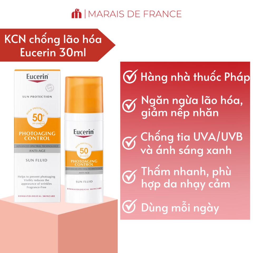 Kem Chống Nắng Eucerin Photoaging Control SPF50+ 50ml - Bảo Vệ Da, Giảm Nếp Nhăn, Chất Lỏng Nhẹ, Dưỡng Ẩm Từ Hyaluronic Acid