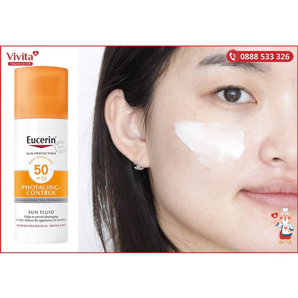 Kem Chống Nắng Eucerin Photoaging Control SPF50+ 50ml - Bảo Vệ Da, Giảm Nếp Nhăn, Chất Lỏng Nhẹ, Dưỡng Ẩm Từ Hyaluronic Acid