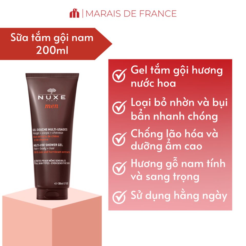 Sữa Tắm Gội Đa Năng NUXE Men 200ml - Gel Tắm Gội 3 Trong 1 Cho Da Sạch, Tóc Mượt, Hương Nam Tính Quyến Rũ