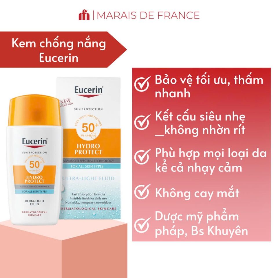 Kem Chống Nắng Eucerin Hydro Protect Ultra-Light SPF50+ 50ml - Bảo Vệ Da Dầu Nhạy Cảm, Không Nhờn Rít, An Toàn Cho Da Mặt