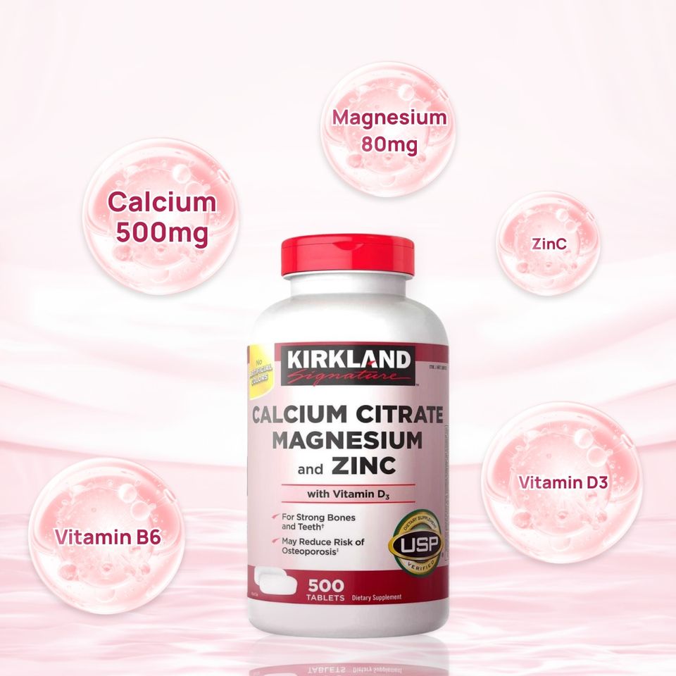 (Nhập khẩu) Viên Uống Kirkland Signature Calcium Citrate Magnesium và Kẽm 500mg - Bổ Sung Dinh Dưỡng Cho Sức Khỏe Xương Khớp, Hỗ Trợ Tăng Cường Miễn Dịch chính hãng