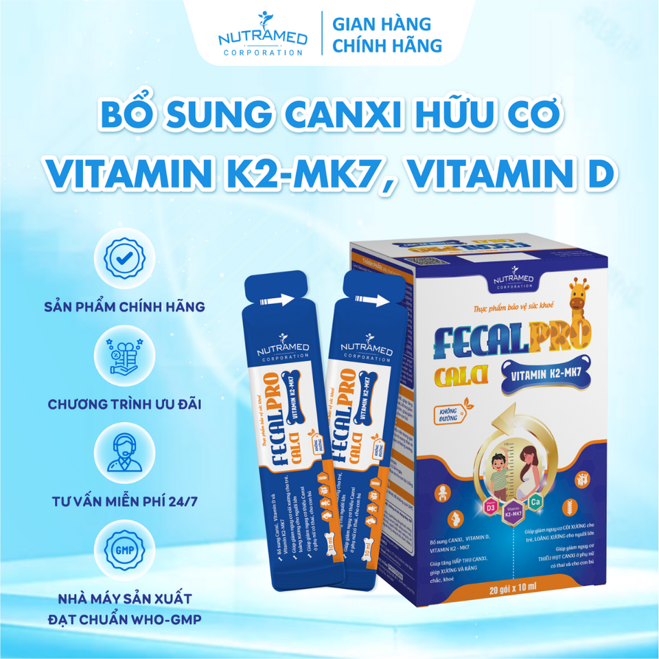 Fecalpro Calci Vitamin K2 - MK7 hỗ trợ giúp xương chắc khỏe, cải thiện còi xương (20 gói)