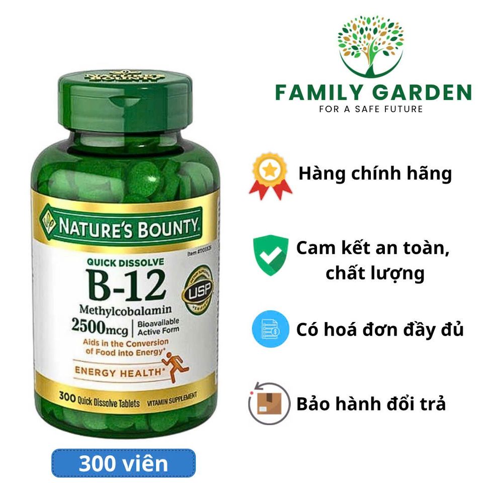 Viên uống Vitamin B12 Nature’s Bounty 2500mcg - Hỗ trợ hệ thần kinh, tim mạch, giảm stress - 300 viên ngậm hương vị anh đào