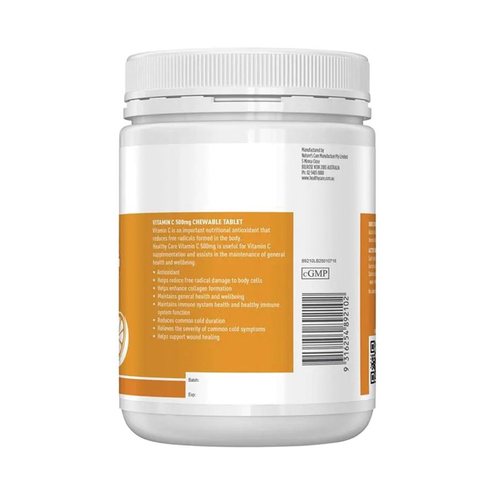 Viên Uống Vitamin C 500mg Healthy Care Không Đường - Tăng Cường Miễn Dịch & Chăm Sóc Da - Hộp 500 Viên từ Úc