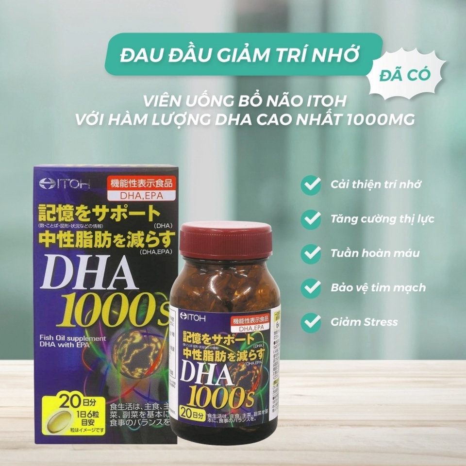 Viên Uống Bổ Não DHA 1000s Nhật Bản - Tăng Cường Trí Nhớ, 120 Viên, Hỗ Trợ Thị Lực & Hệ Thần Kinh