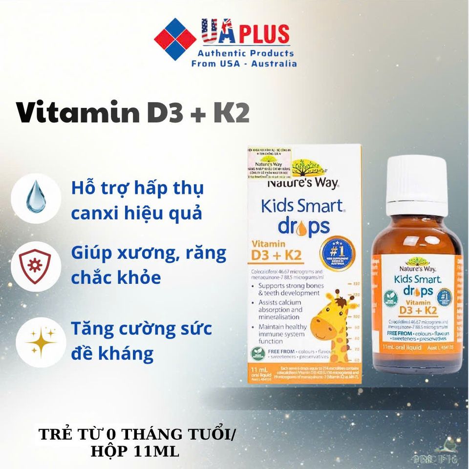 Vitamin D3 + K2 Nature's Way Kids Smart Drops - Hỗ Trợ Hấp Thụ Canxi, Tăng Cường Sức Khỏe Xương và Răng (11ml)
