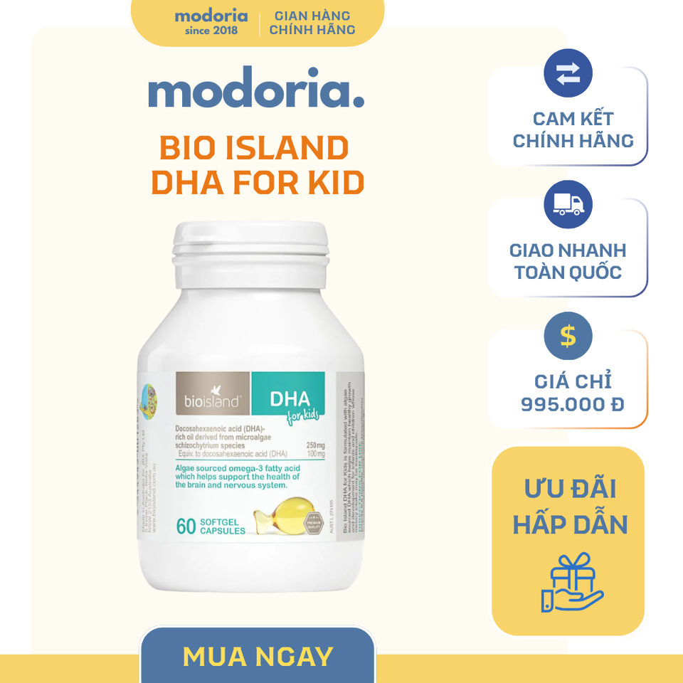 Viên Uống Bổ Sung DHA Bio Island For Kids 60 Viên - Dinh Dưỡng Tốt Cho Não và Thị Lực Trẻ Em, Xuất Xứ Úc