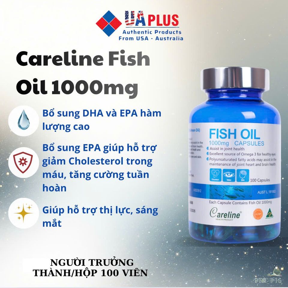 Careline Fish Oil 1000mg - Bổ sung DHA, EPA hỗ trợ phát triển não bộ và thị lực - 100 viên nhập khẩu chính ngạch từ Úc