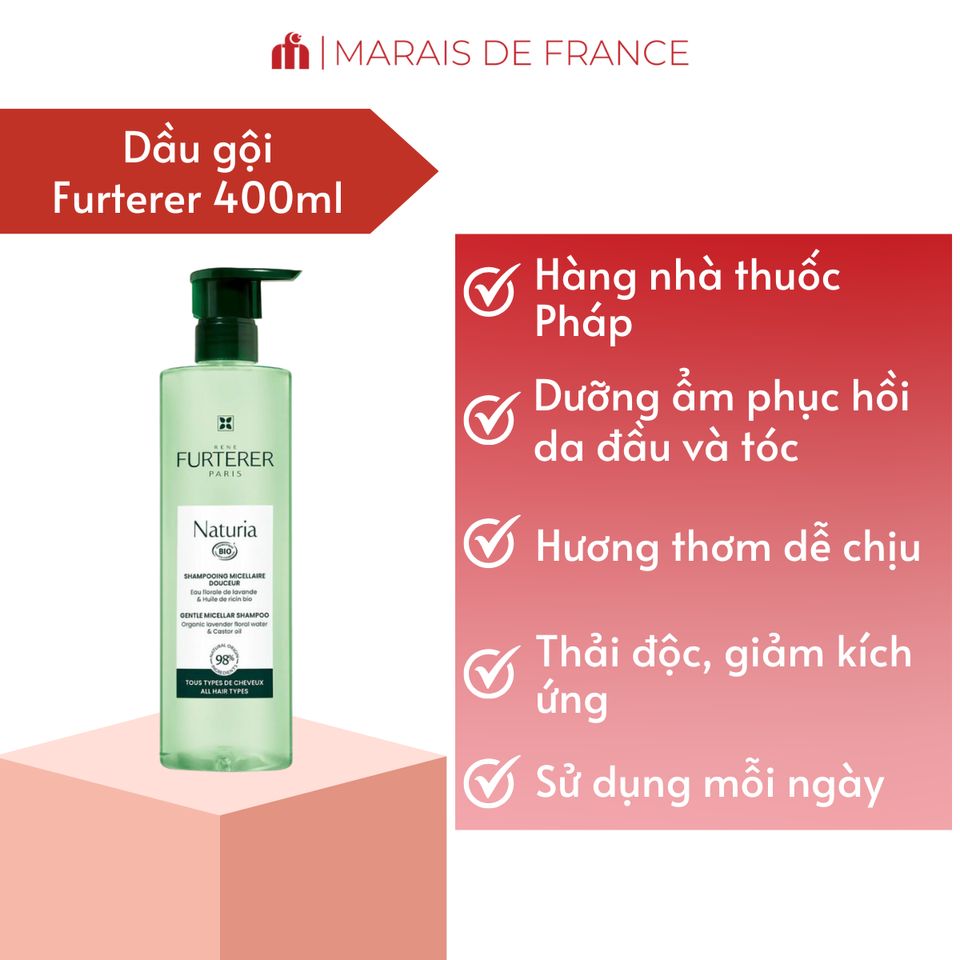 Dầu Gội Micellar Hữu Cơ René Furterer Naturia Organic 400ml - Làm Sạch Nhẹ Nhàng, Bảo Vệ Da Đầu Nhạy Cảm, Không Silicone, Không Sulfate