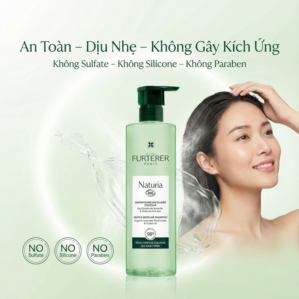 Dầu Gội Micellar Hữu Cơ René Furterer Naturia Organic 400ml - Làm Sạch Nhẹ Nhàng, Bảo Vệ Da Đầu Nhạy Cảm, Không Silicone, Không Sulfate