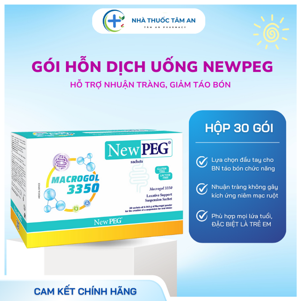 NEW PEG 3350 - Hỗ trợ cải thiện táo bón cho trẻ em và người lớn - Hộp 30 gói pha uống tiện lợi