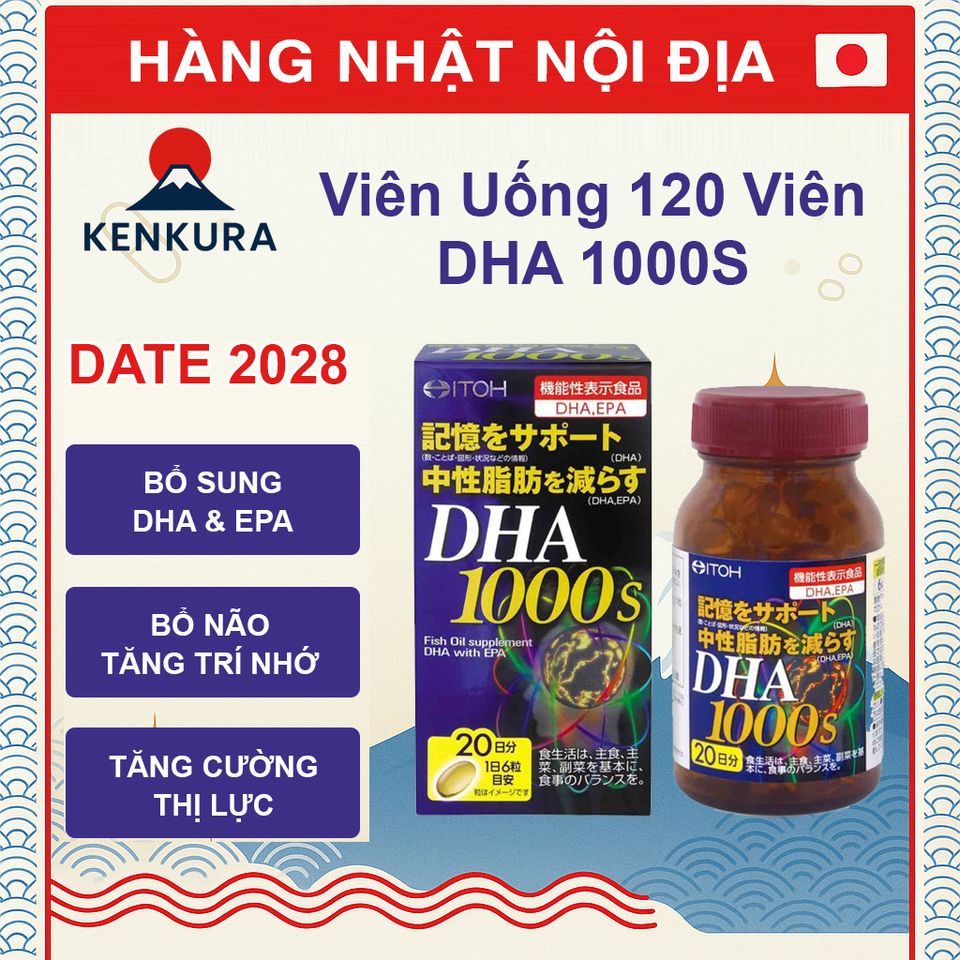 Viên Bổ Não DHA 1000s Nhật Bản - Tăng Cường Trí Nhớ, Bảo Vệ Thần Kinh - 120 Viên Cung Cấp DHA và EPA Hỗ Trợ Sáng Mắt, Tập Trung