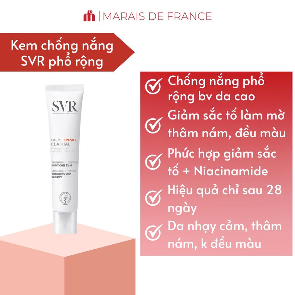Kem Chống Nắng SVR Clairial SPF50+ 50ml - Hỗ Trợ Mờ Nám, Làm Sáng Da, Bảo Vệ Da Toàn Diện, Phù Hợp Mọi Loại Da