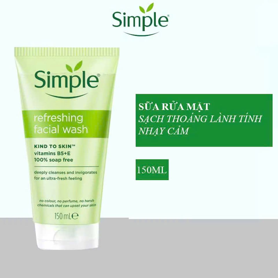 Sữa Rửa Mặt Simple Refreshing Facial Wash 150ml - Cho Mọi Loại Da, Không Hóa Chất Độc Hại, Dưỡng Ẩm, Làm Sạch Da Mềm Mịn