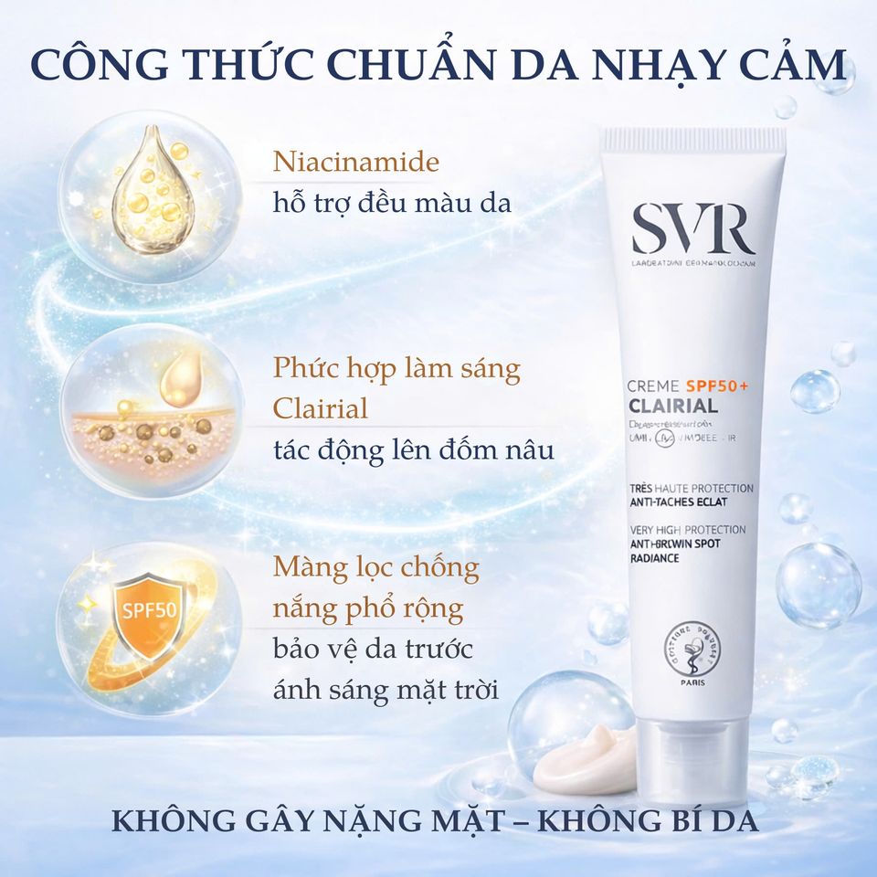 Kem Chống Nắng SVR Clairial SPF50+ 50ml - Hỗ Trợ Mờ Nám, Làm Sáng Da, Bảo Vệ Da Toàn Diện, Phù Hợp Mọi Loại Da