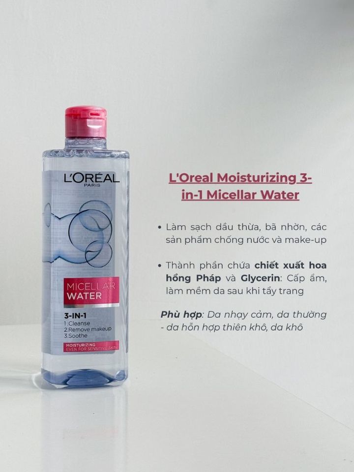 Nước tẩy trang L'Oreal Paris Micellar Water 3-in-1 400ml - Làm sạch sâu, dưỡng ẩm cho mọi loại da, không cồn, không paraben