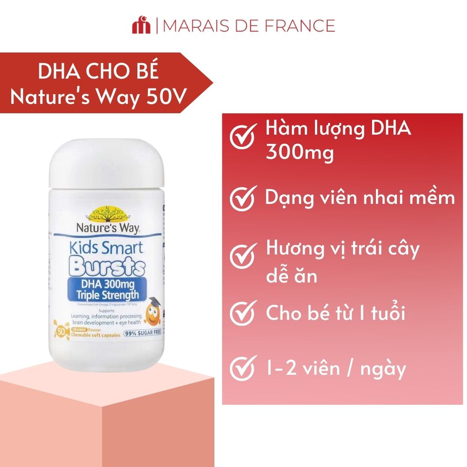 Viên Nhai Bổ Sung DHA Cho Trẻ Em Nature’s Way Kids Smart Bursts 300mg Triple Strength - Hương Vị Trái Cây, Dinh Dưỡng Hằng Ngày